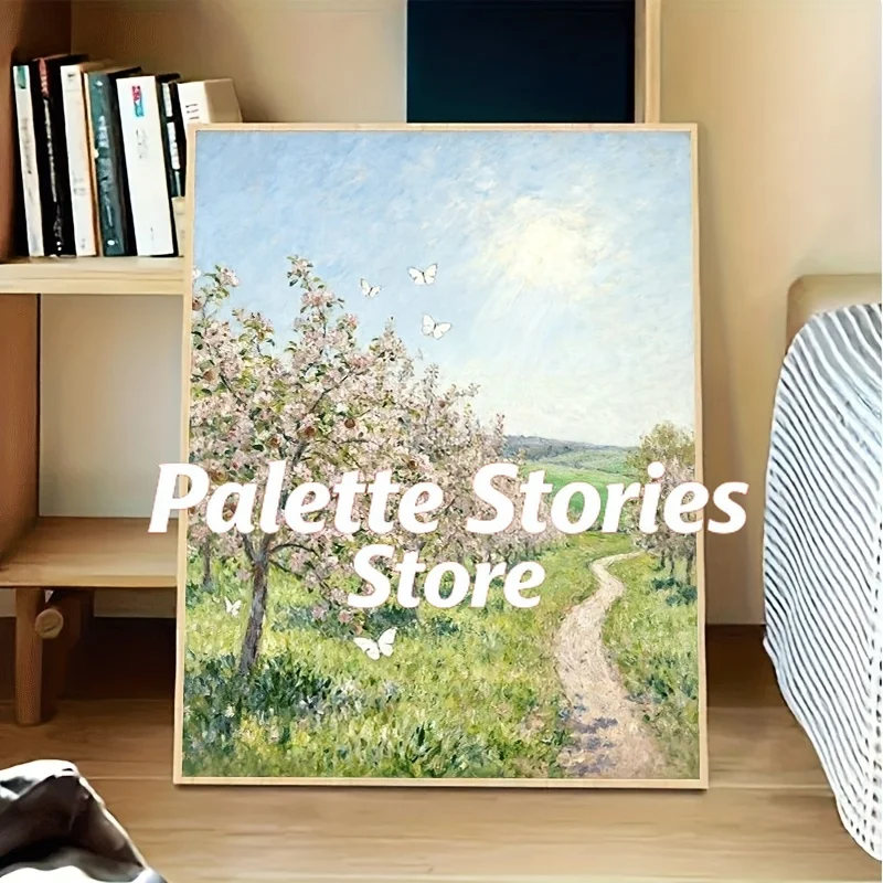 Frameless  This Digital Oil Painting, Suitable for Beginners, Features a Pathway with Fruit Trees And Fluttering Butterflies. Th