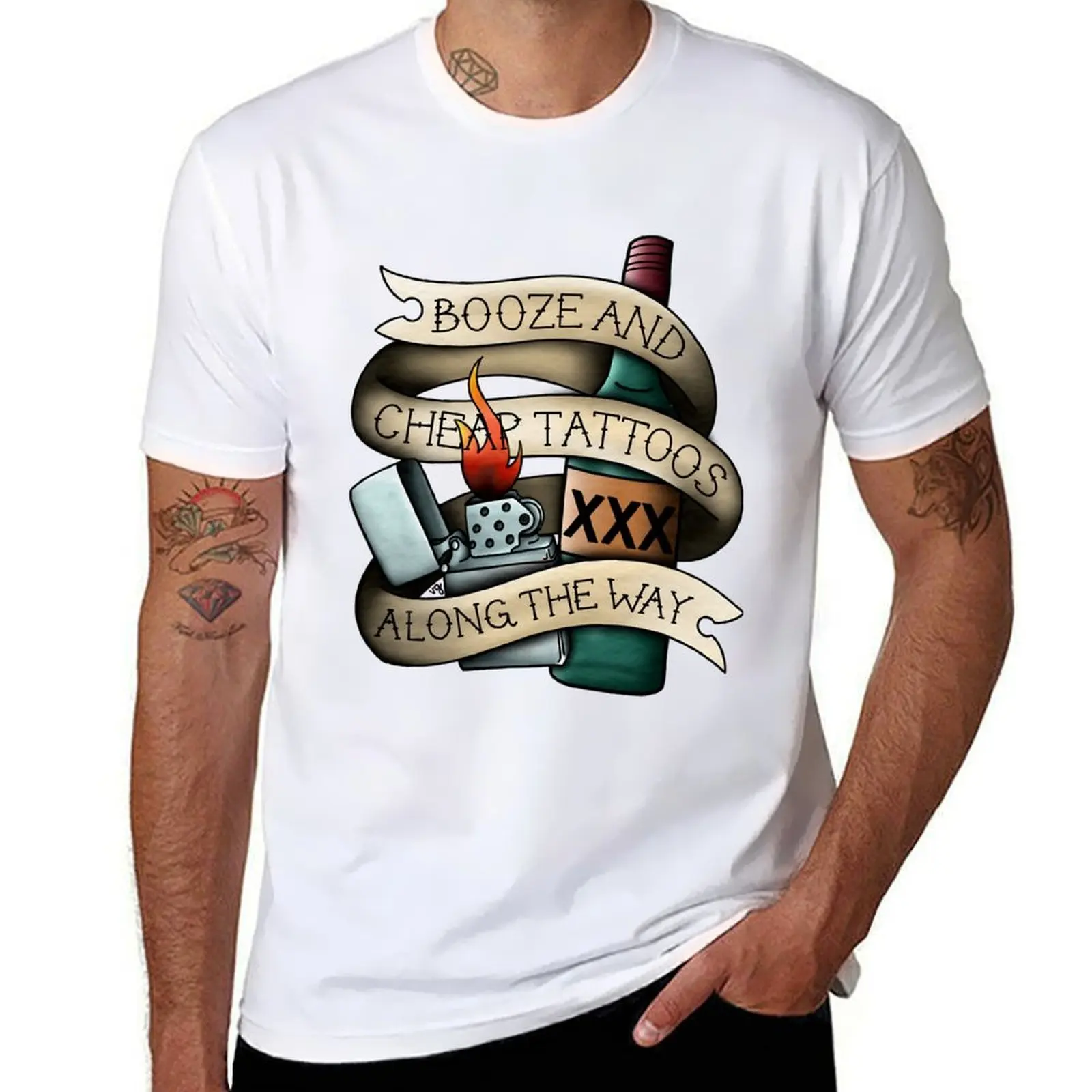 

Booze _amp_ Cheap Tattoos T-Shirt cotton t shirts high quality t shirts for man pack white T-Shirt