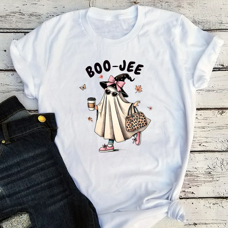 Boo Women Tshirts Ghost Halloween 2024 T-Shirt BooTee Coffee Lover Shirt Halloween Party Gift  Vintage Top