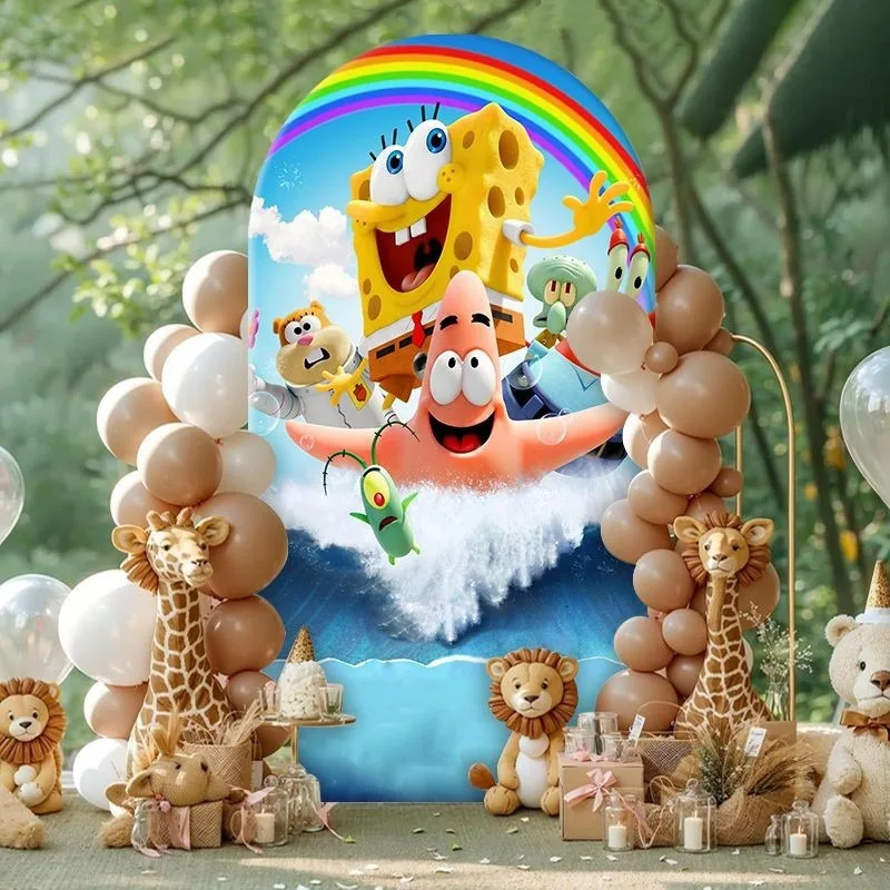 SpongeBob Beach Adventure Arch Backdrop Cover Sunny Ocean Rainbow Party Decor Elastic Fabric Photo Background Celebration Decor