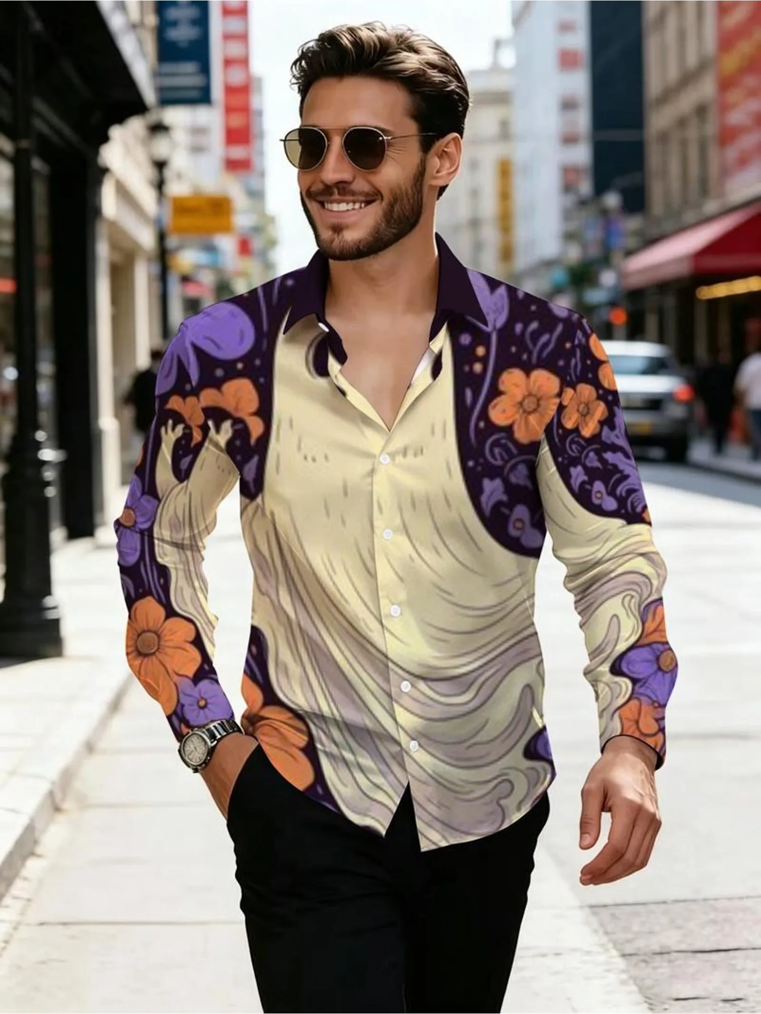 Men Long Sleeve Stand Collar Shirt Purple Ghost Floral Print Polyester Gothic Halloween Party