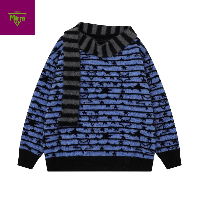 

Pentagram Flocking Striped Sweater Cropped with Scarf Autumn and Winter Oversized Fashion Warm Y2k Women Pullover Jumpers