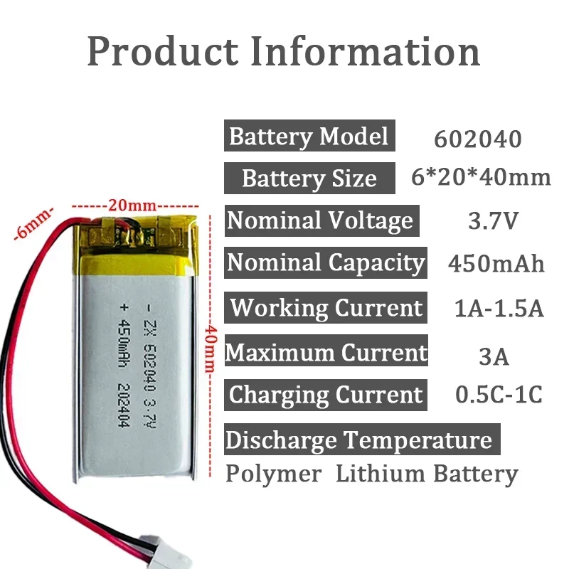 602040 3.7V 450mAh Lithium Polymer li-ion Rechargeable Battery For GPS MP3 MP4 MP5 Car DVR Tachograph headphone li ion cell