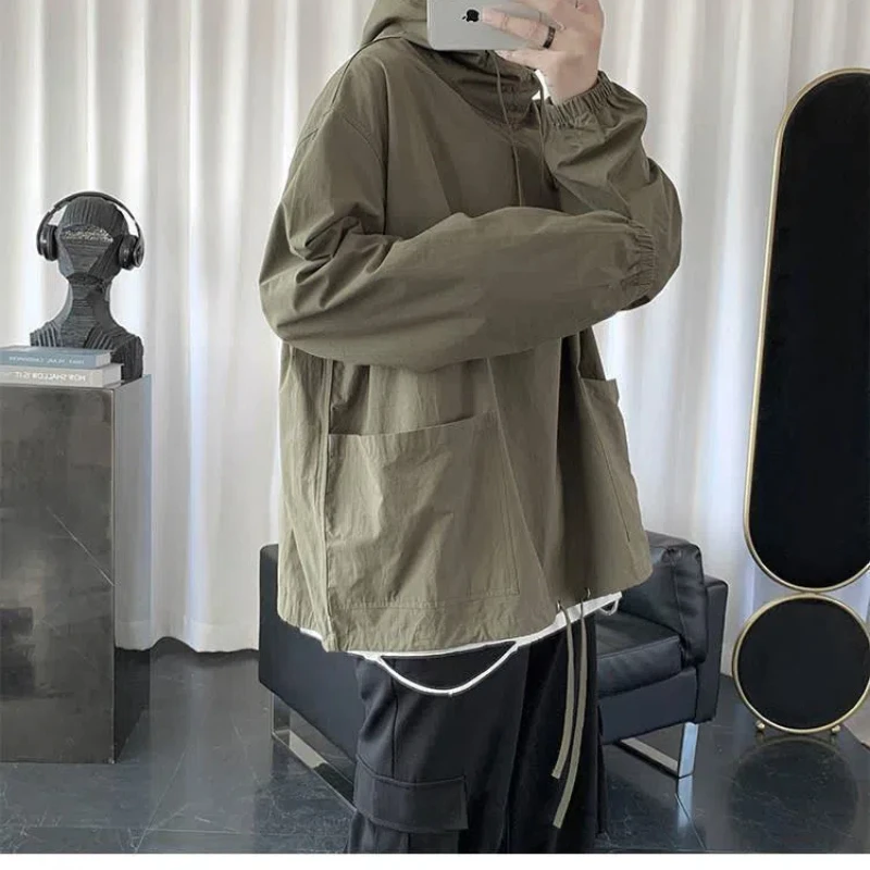 Vintage Simplicity Pockets Patchwork Hoodies Spring Autumn Long Sleeve Solid Loose Trend Tops Tees Korean Fashion Men Clothing