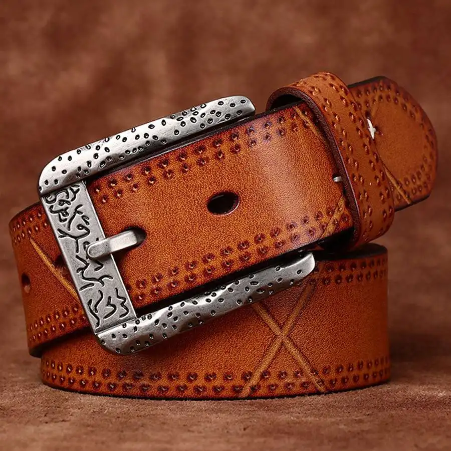 Retro, Individualistic Trendy ins Style Pin Buckle Belt Men's Genuine Leather Top Layer Cowhide Casual Denim Belt for young Man