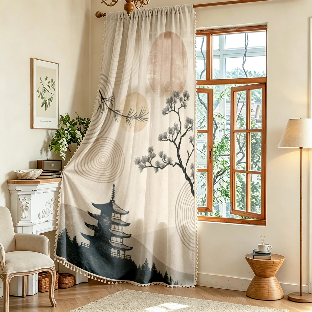 1PC Japanese Tassel Sheer Curtains, Pine Pagoda Moon, Digital Print, Linen Polyester, Bedroom Living Room Kitchen, Home Decor
