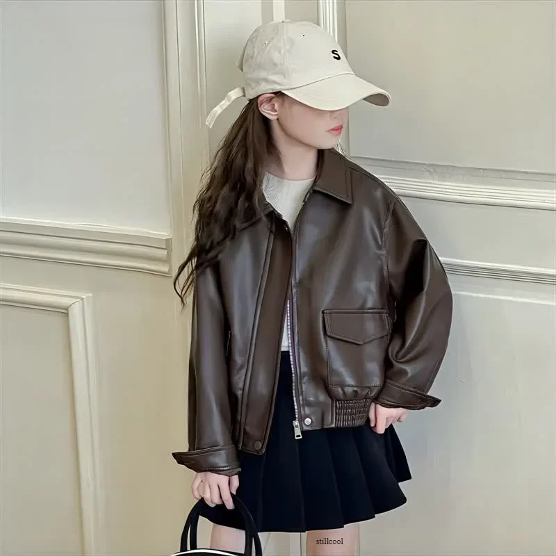 

Girls Leather Jacket 2024 Autumn Fashion PU Casual Windproof Young Kids Coats Brown Biker Chic Trendy Outerwear 8 12 13 14 Years