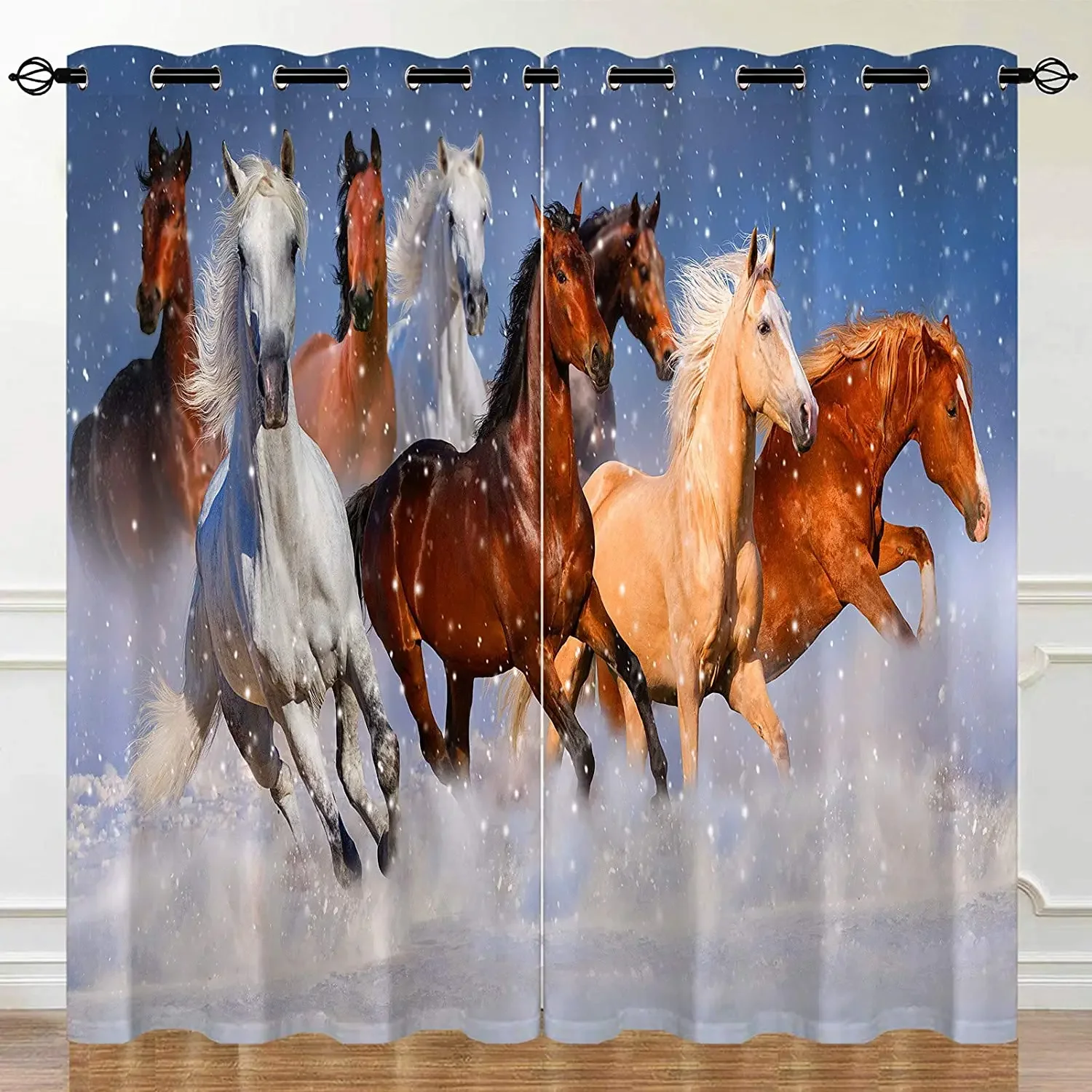 Living Room Decoration Blackout Curtains Horses Running on The Snow Double Bedroom Living Room Luxury Curtains