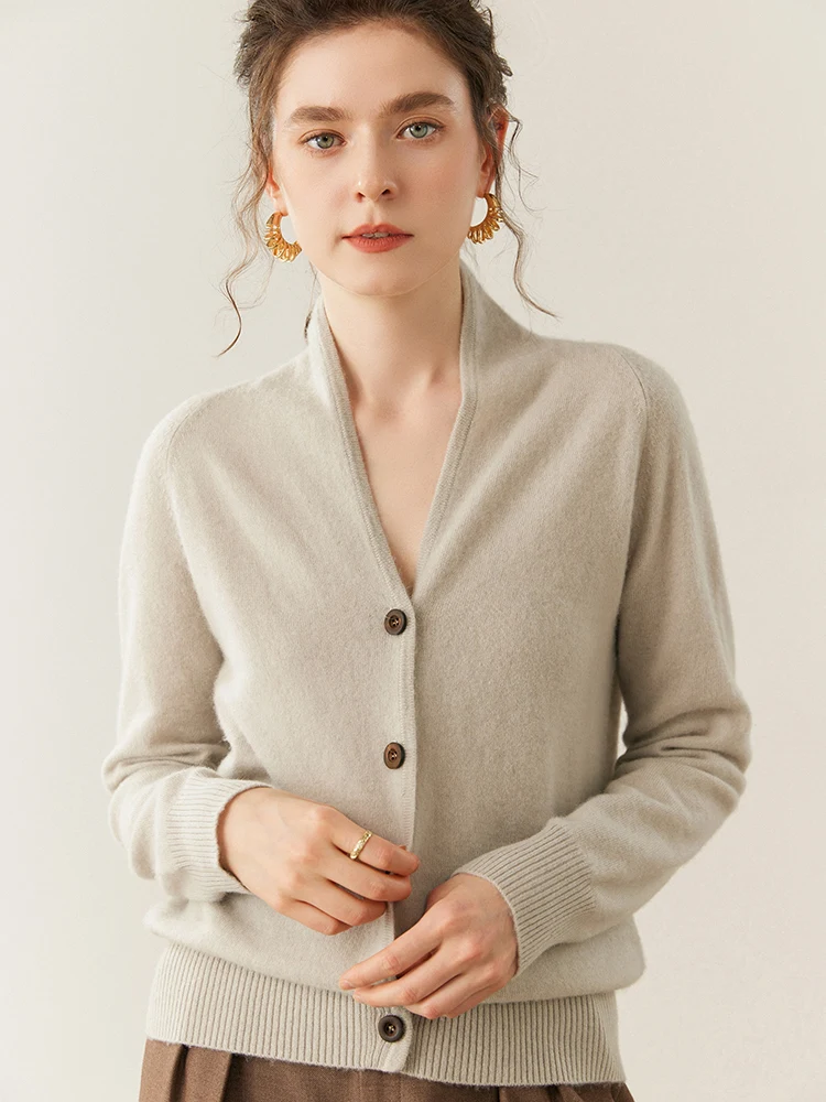 MEETCC المرأة Fashion100% سترة الكشمير المعنقة سترة الخامس الرقبة حماية حافة ملزمة معطف الخريف الشتاء لينة الدافئة تريكو القمم #2