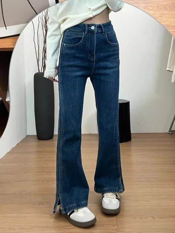 

Джинсы женские с высокой талией, прямые, осенне-зимние, новые, больших размеров, с разрезом, микро-клеш, облегающие, универсальные...