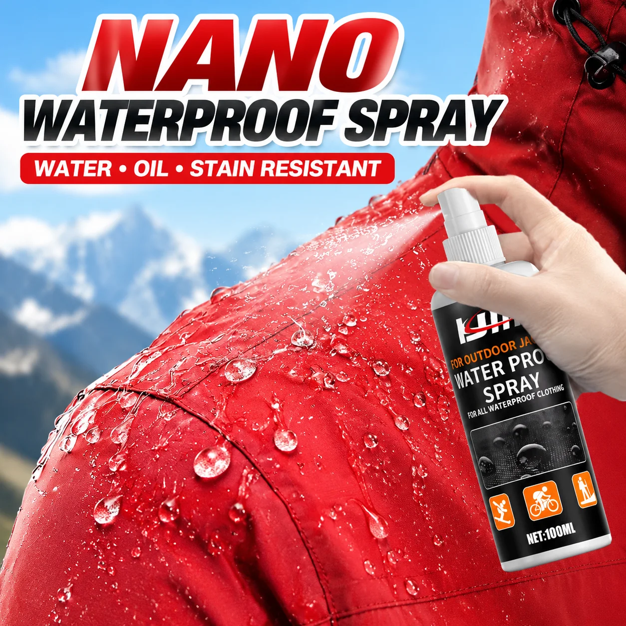 KJM 100ML Nano Waterproof Spray Multi-Purpose Water & Oil Repellent Coating for Outdoor Jackets, Shoes & Gear