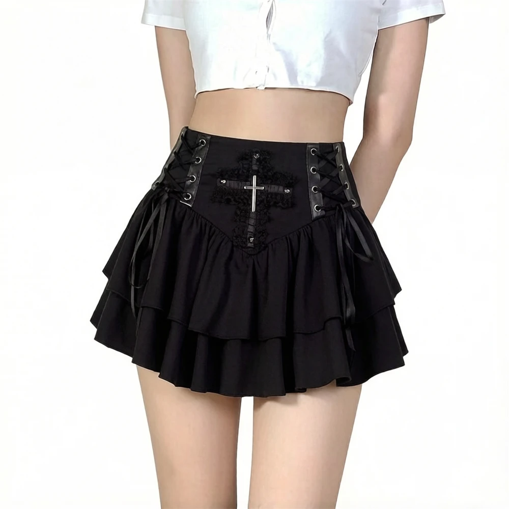 Plus Size Punk Cross Patchwork Skirts Goth Mall Gothic Techwear Bottoms Grunge Aesthetic Women Bandage Mini Skirt Alt Clothes