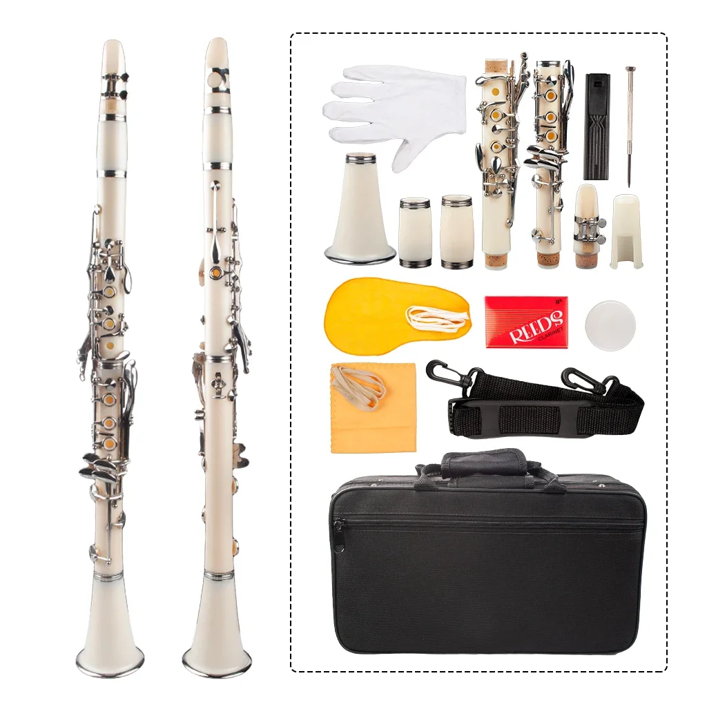 White Bb Clarinet 17 Key Clarinet Beginner Student Level ABS Nickel Plated With Clean Pad Saver Reeds Cork Strap Carry Case SET