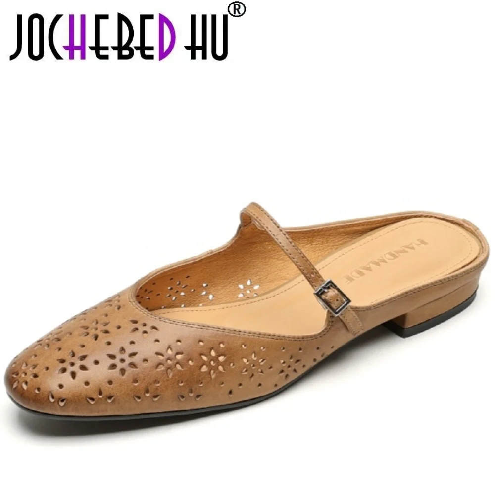 

【JOCHEBED HU】Летние женские слипоны из натуральной кожи ручной работы, элегантные женские босоножки на каблуке с открытой пяткой, сетчатые босоножки на каблуке 33-40