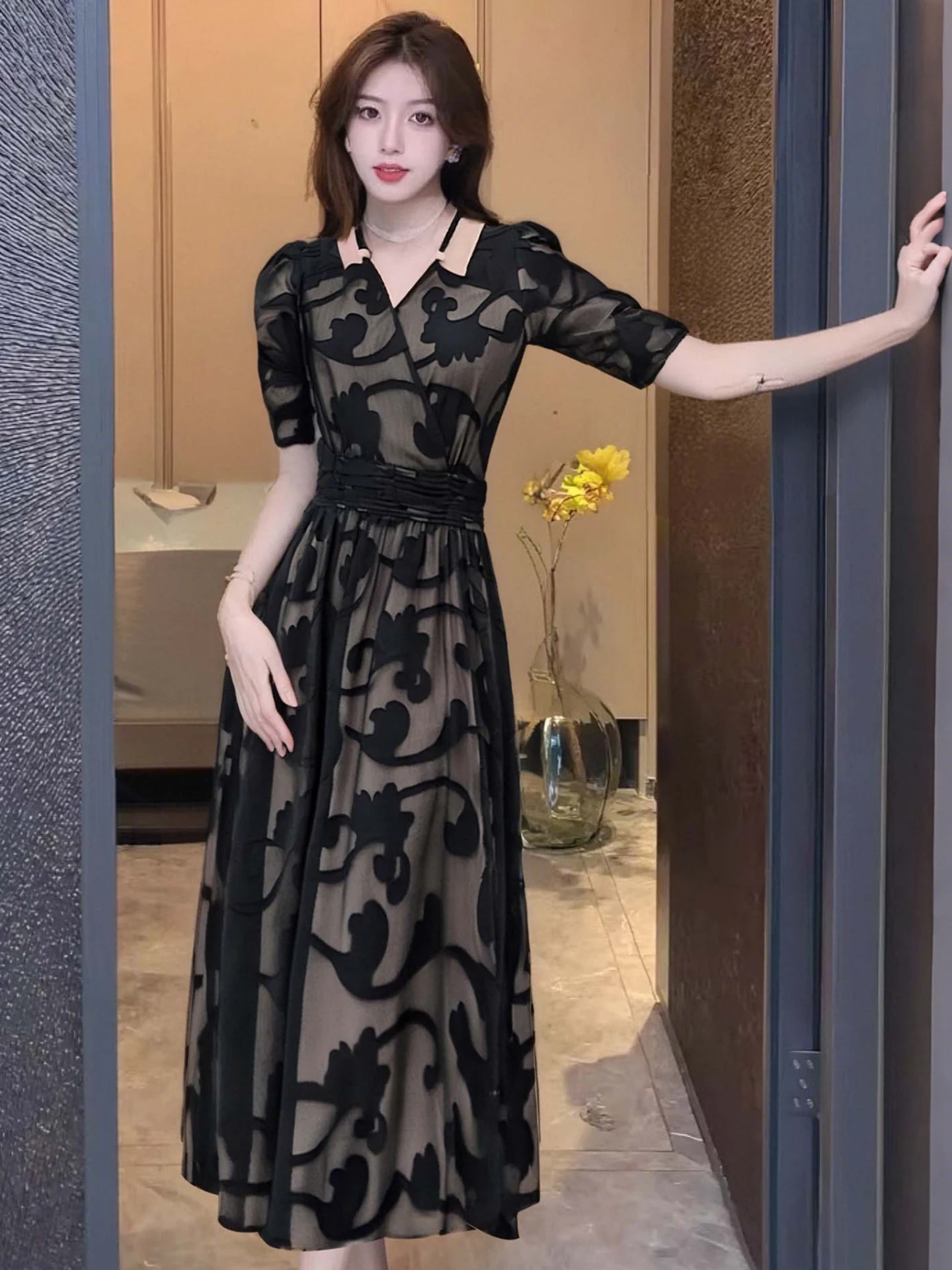 Burn-out flor preta renda dupla camada vestido oco halter gola quadrada manga bufante elegante festa vestido longo lindo feriado