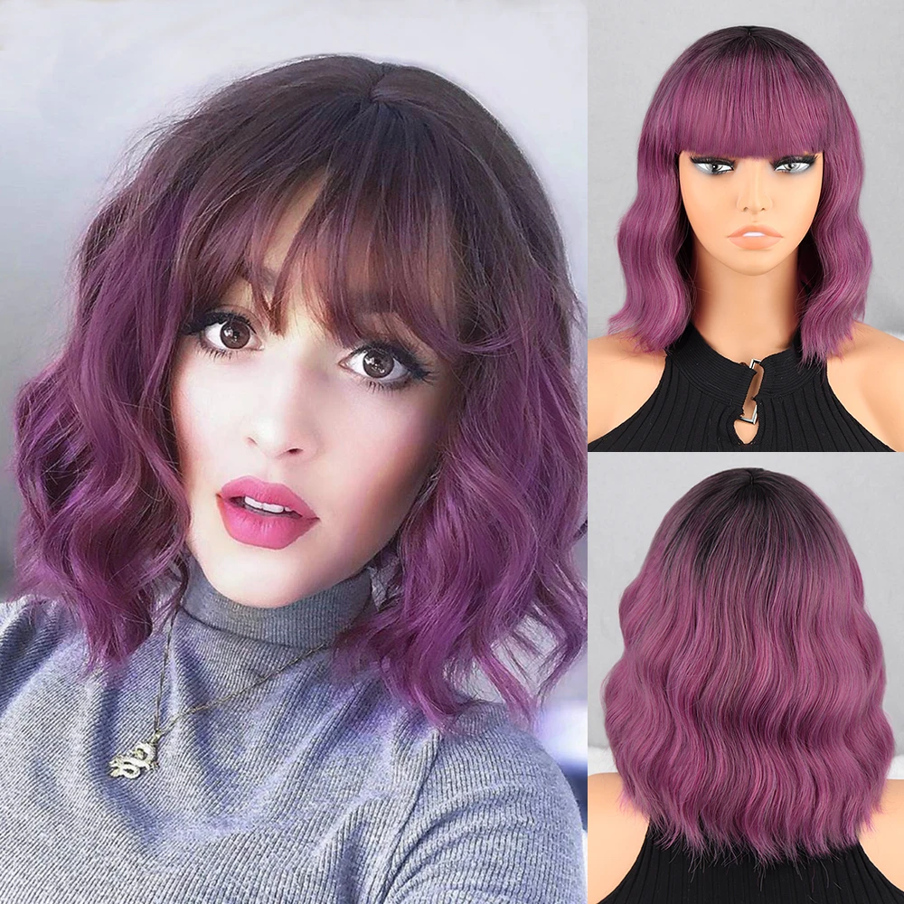 

Black Purple Ombre Brown Wave Bob Wigs Blond for Women Natural Bangs Heat Resistant Wavy Synthetic Wig Daily wear Cosplay Curly