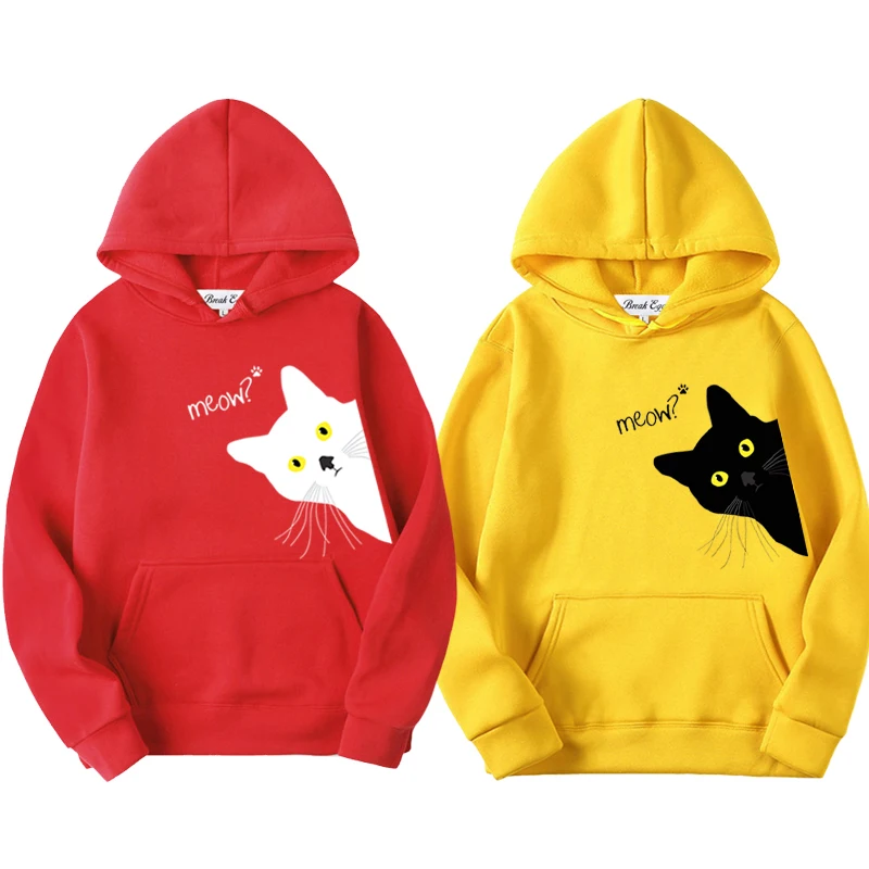 

Meow Black White Cat Funny Printing Women Men Hoodie Polyester Cool Cute Pullover Pockets Thin Loose Autumn Sweater