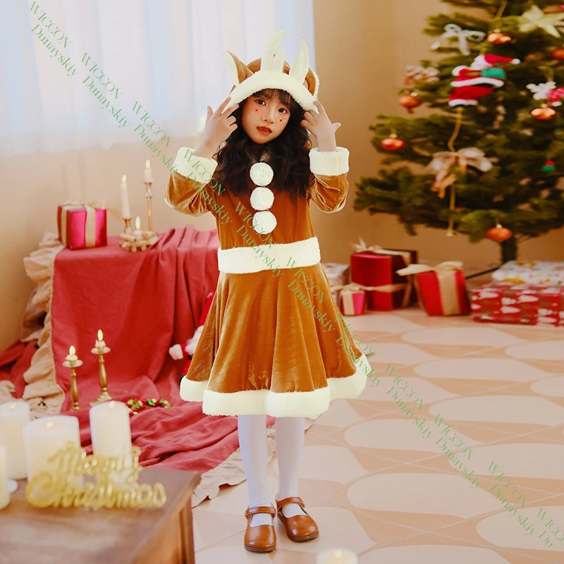 

Kids Festival Christmas Reindeer Dress Long Sleeve Cosplay Costume Holiday Party School Event Theme Suit