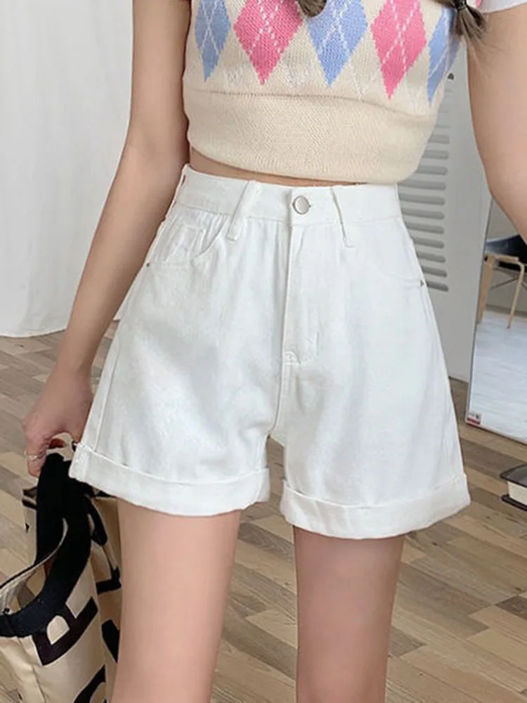 Korean Cuffs Baggy High Waist Denim Shorts Women Casual Streetwear Wide Leg Jean Short Pants Summer Vintage Pantalones Cortos