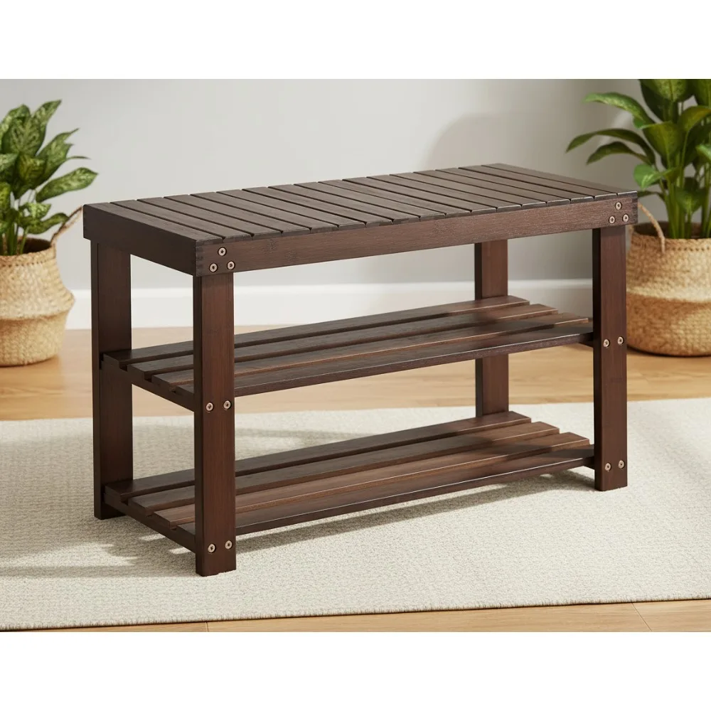 

3-х уровневая бамбуковая полка для обуви, прочный органайзер для хранения вещей емкостью 300 фунтов для прихожей, гостиной, спальни