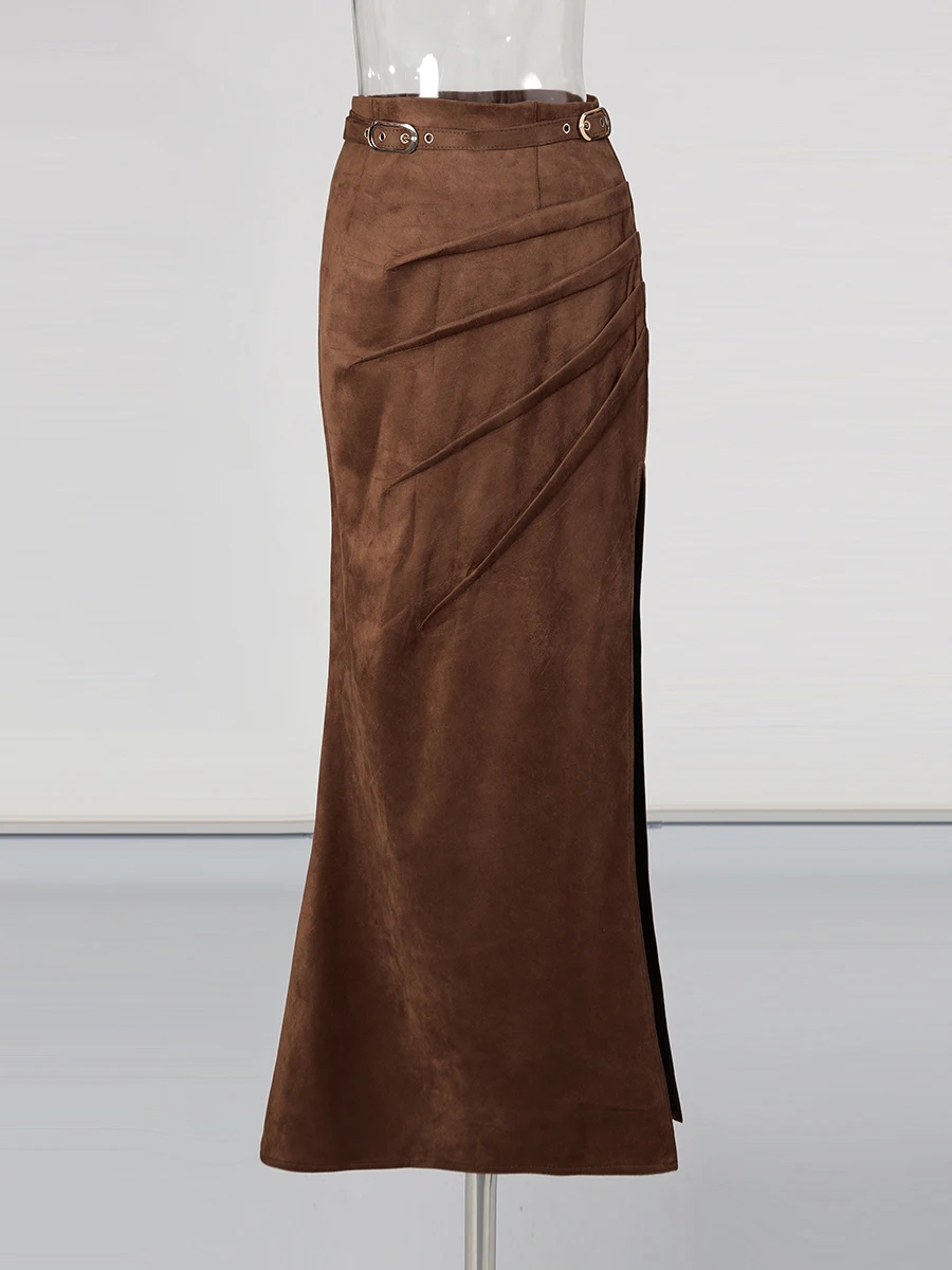 TWOTWINSTYLE Solid Slimming Spliced Folds Fashion Skirts for Women High Waist Split Patchwork Belt Temperament Skirt Female New