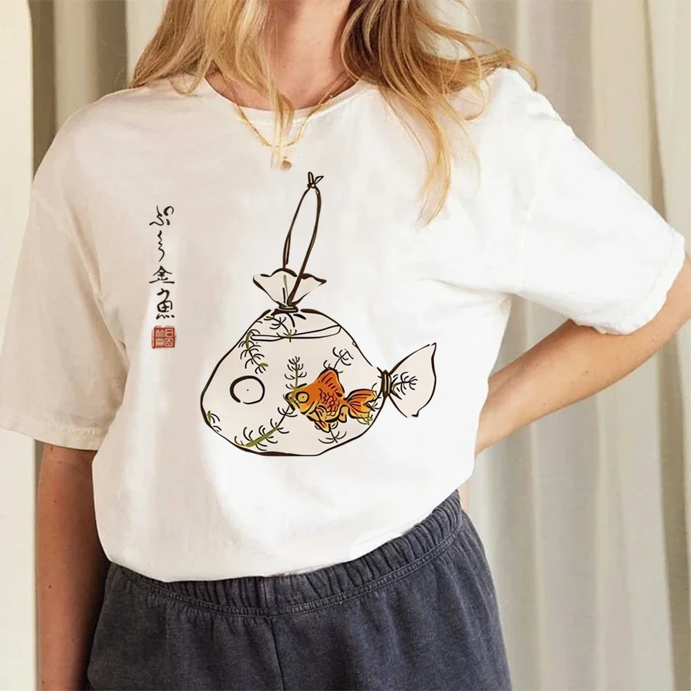 

Goldfish in Bag Illustration Women's Printed T-Shirt Short Sleeve 90s Printed Top O-Neck Basic Clothing Fun Summer New T-Shirt