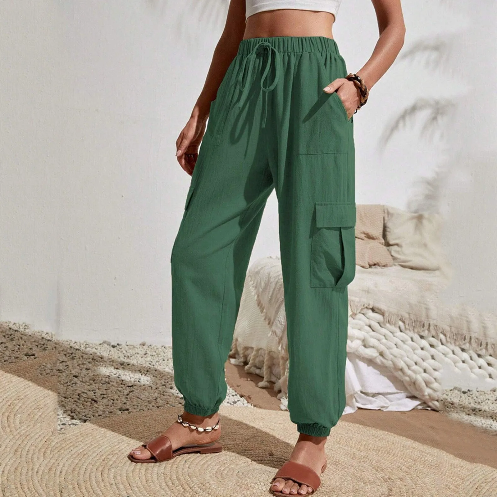 

Cargo Pants Women 2024 Spring Summer Fashion Loose Full Length Ladies Trousers Casual Elastic Waist Wide Overalls Pants