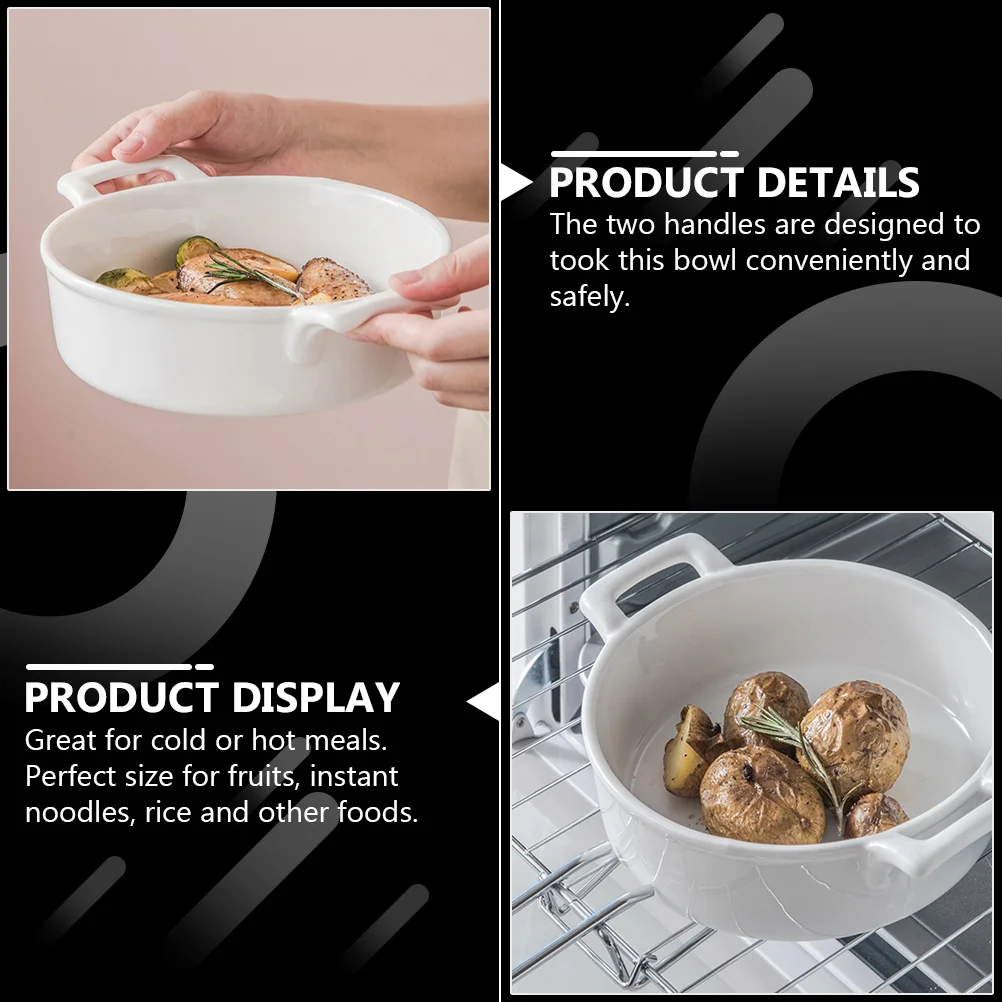 

White Ceramic Soup Bowl Handles Large Dish Ideal for Hot Cold Meals Noodles Rice Salad Fruit Bowl Food Dish