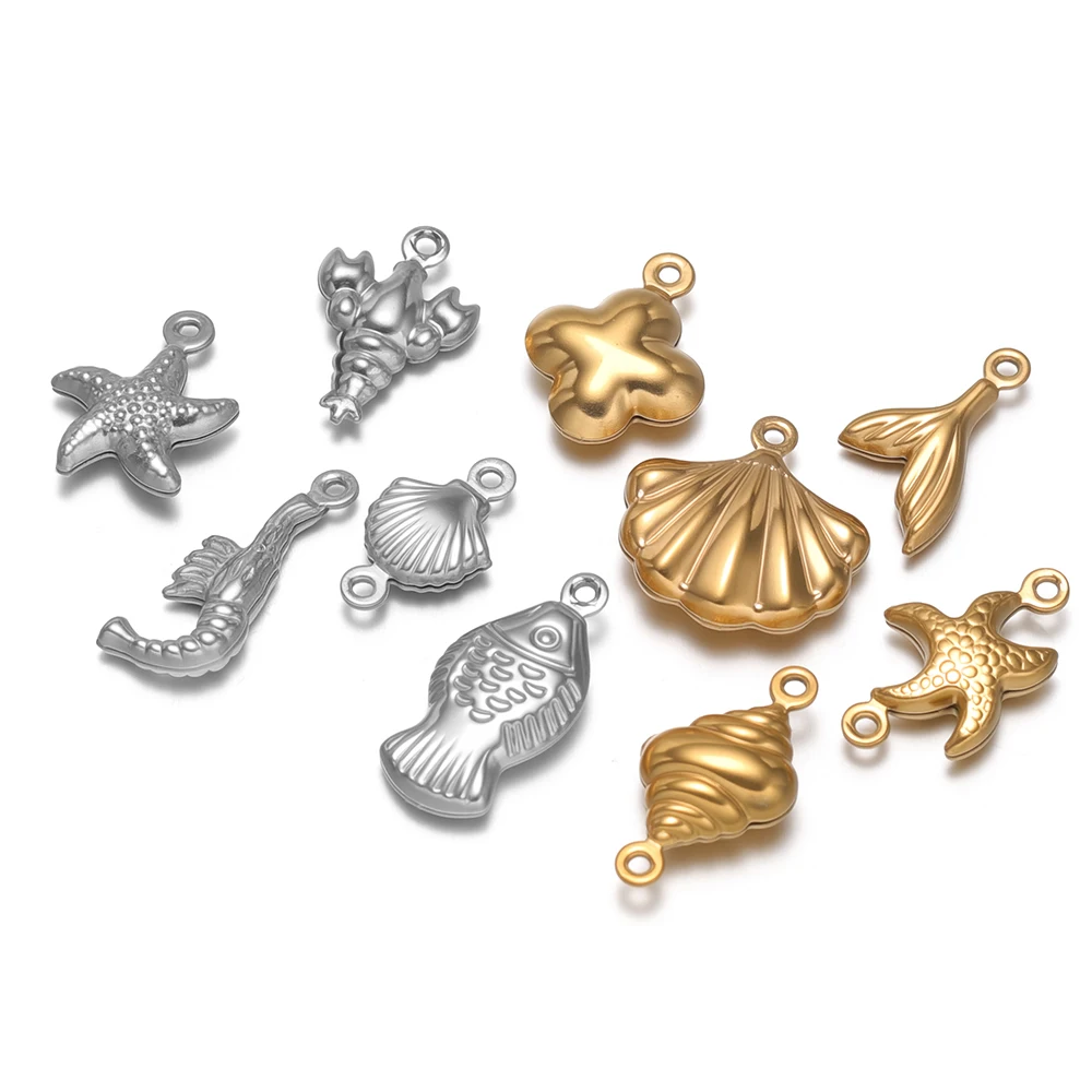 20Pcs Stainles Steel Hollow Ocean Pendants Sea Shells Lobster Starfish Charms DIY Necklace Marine Animal Pendant Jewelry Making