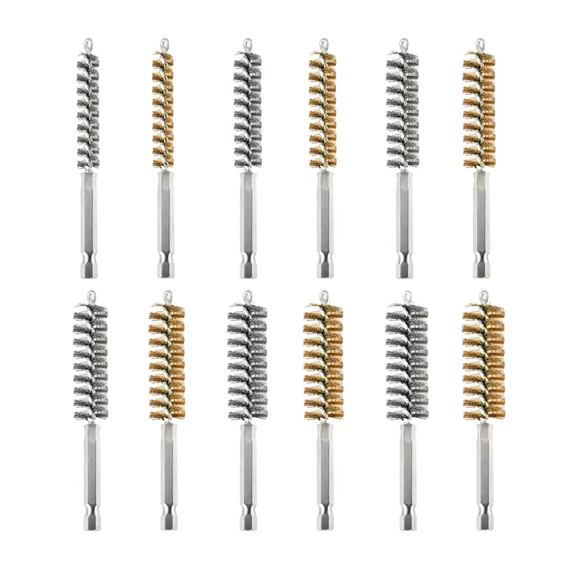 

12 PCS Wire Bore Brush Wire Twisted Brush Stainless Steel For Drill Impact Driver In 6 Sizes