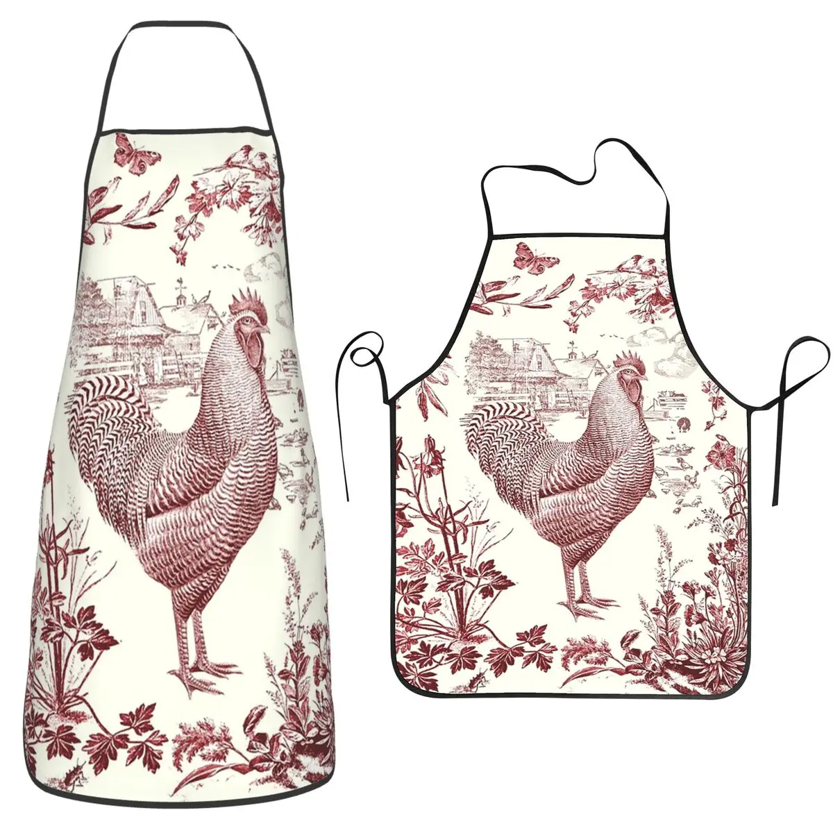 Stylish Vintage Rustic Rooster Red Floral Country Toile Apron Chef Cooking Tablier Bib Kitchen Cleaning Pinafore For Unisex