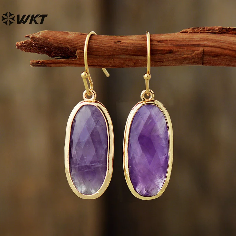 WT-E785 Special Oval Shape Natural Amethyst Lapics Stone Hook Earring For Women Cocktail Party Dress Accessory 2