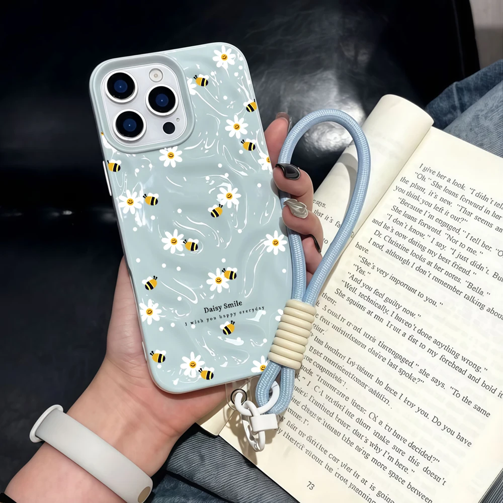 Fashion Bee Daisy Falten-Silikon-Handyhülle für iPhone 17 15 13 11 12 14 16 17 Pro Max 14 15 16 Plus 17Air mit Lanyard-Abdeckung – Detail 1