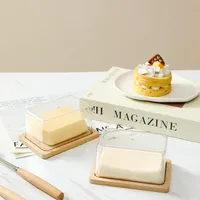 Countertop Bamboo Butter Dish Plate with Transparent Acrylic Lid Nordic Kitchen Storage Butter Container Box Butter Tableware