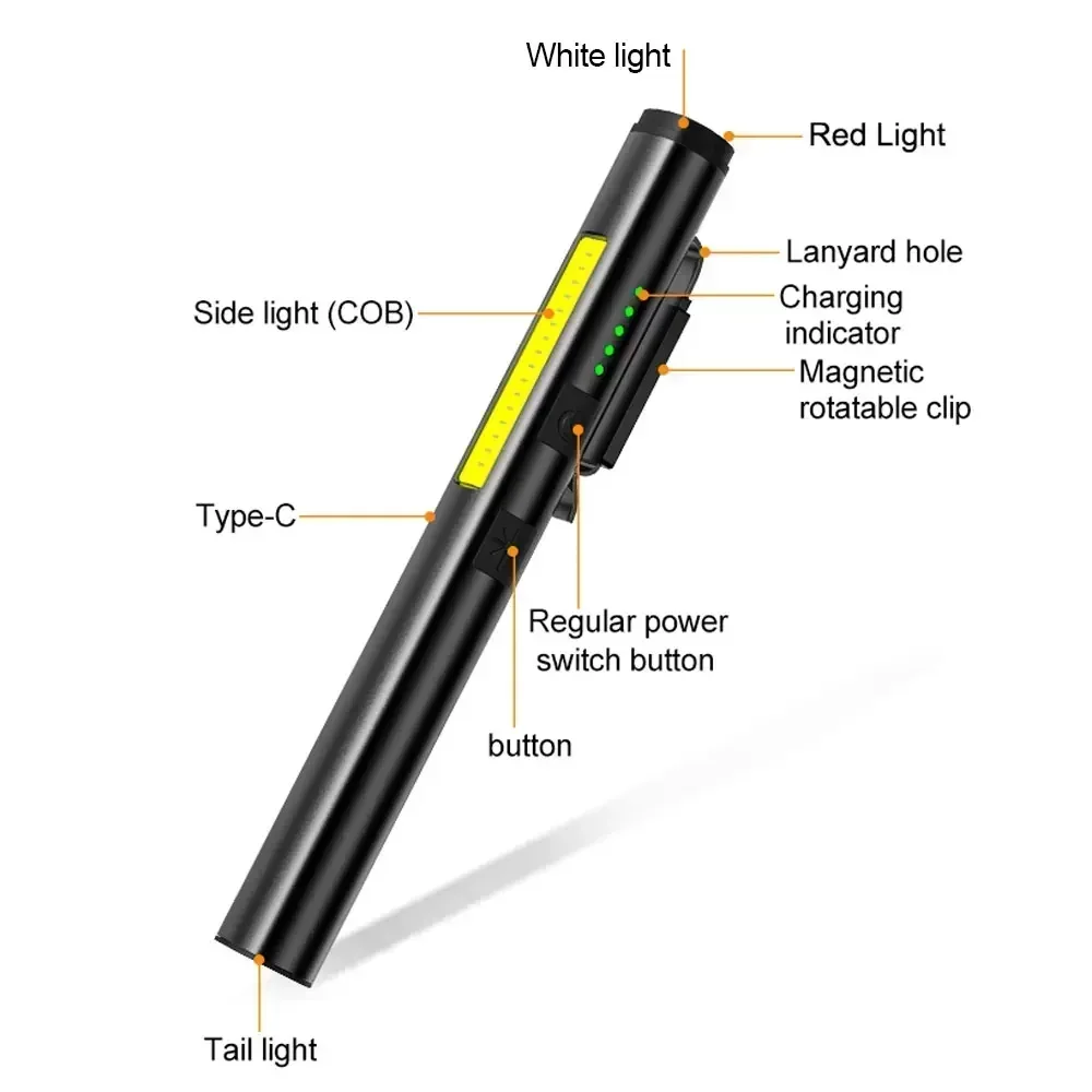 Heinast Self-defense Flash Flashlight With Magnet TYPE-C Rechargeable Torch Light 365nm UV Portable Pen Clip Patrol Inspection