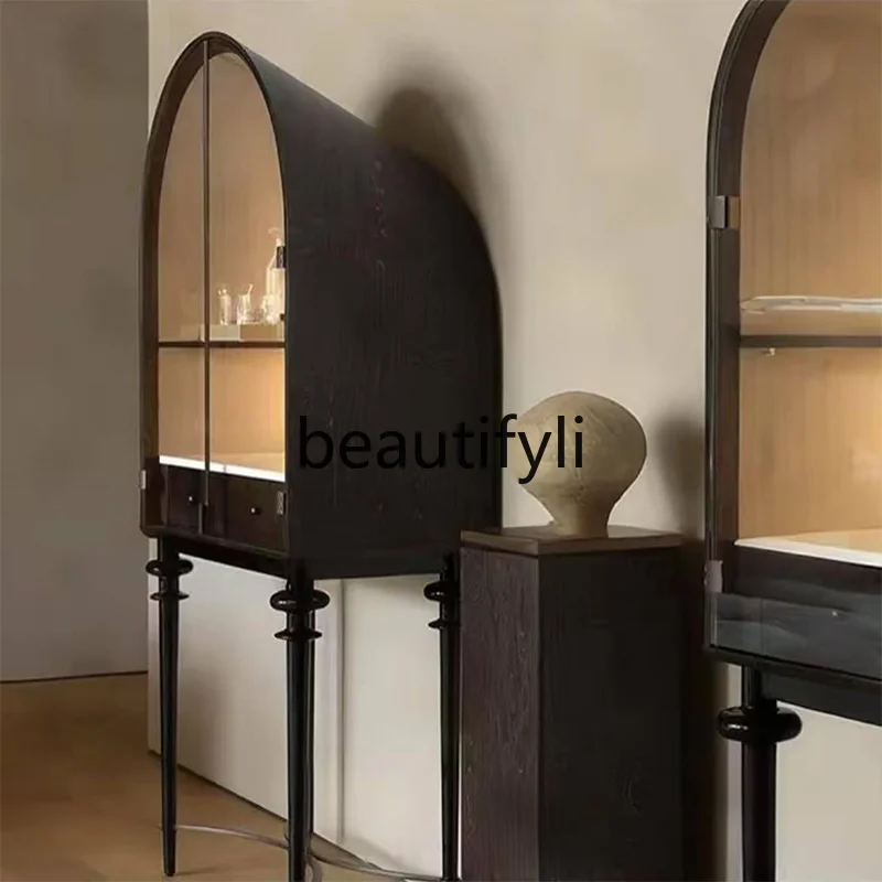 

French Retro Solid Wood Wine Cabinet Minimalist Living Room Storage Cabinet Entryway Decorative Standing Cabinet