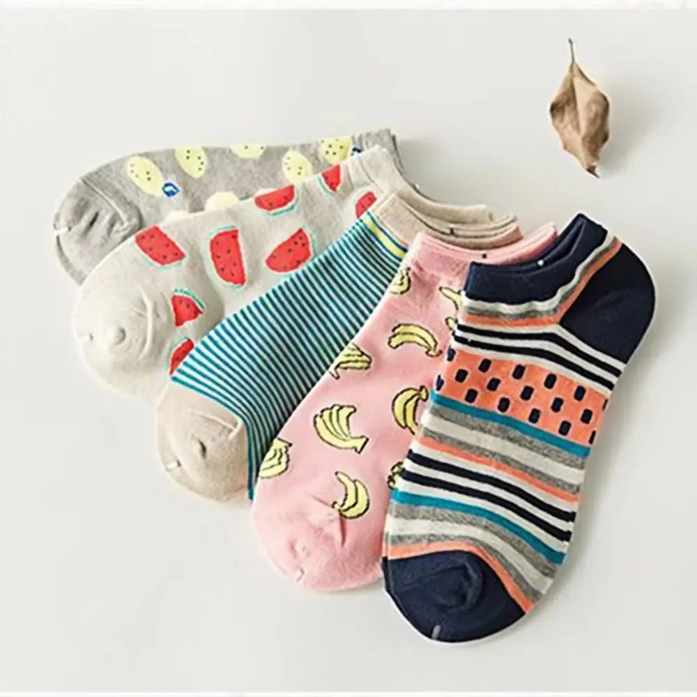 SHXI 5 Pairs Low Tube Cute Women's Socks Cotton Fruit Pattern Spring Summer Casual Thin Boat Socks Breathable Funny Socks