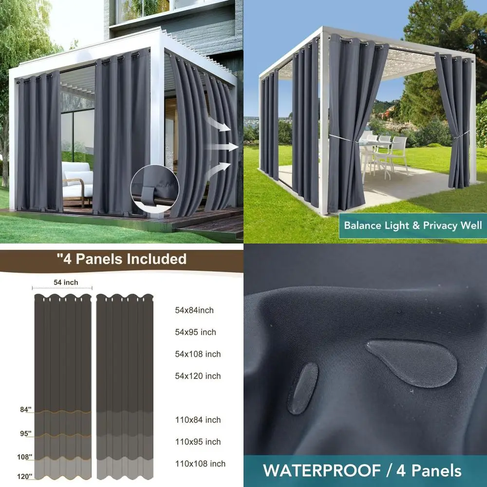 

Комплект водонепроницаемых наружных штор — 4 серых панели, 54x84, ветрозащитная конфиденциальность для патио, беседки, беседки