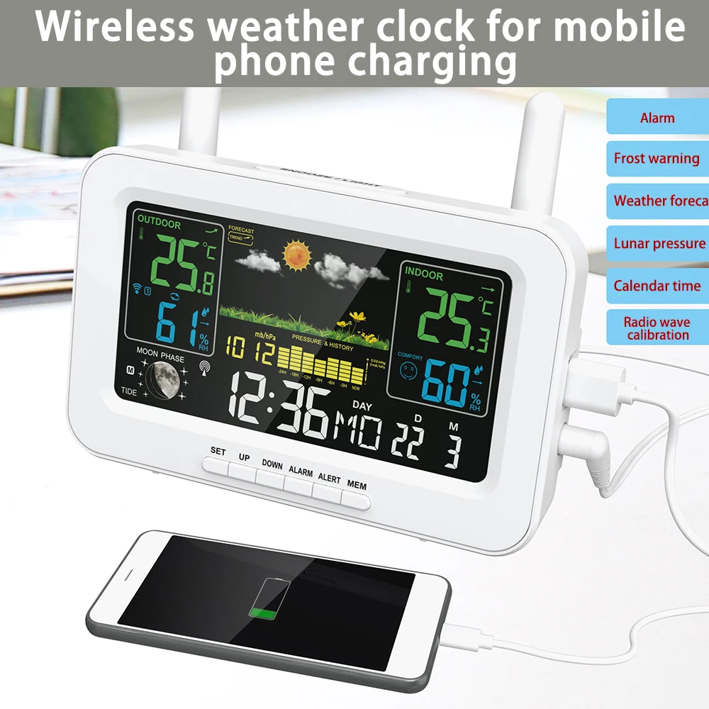 Weather Station Wireless Indoor Outdoor Thermometer Color Display Weather Thermometer with Clock Forecast Station Calendar