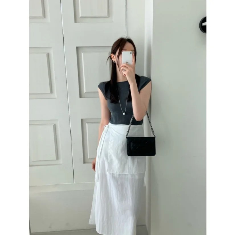 

Retro High Waist Design Sensation Wrap around Skirt with Belt And Slit Midi Skirt Casual Style Commute Suitable Ladies Skirt