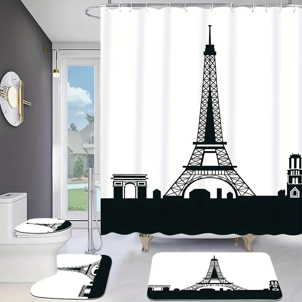 

Элегантный парижский набор для ванной комнаты с принтом Эйфелевой башни: включает 12 бесплатных крючков, водонепроницаемая занавеска для душа, нескользящий коврик для ванной, унитаз S