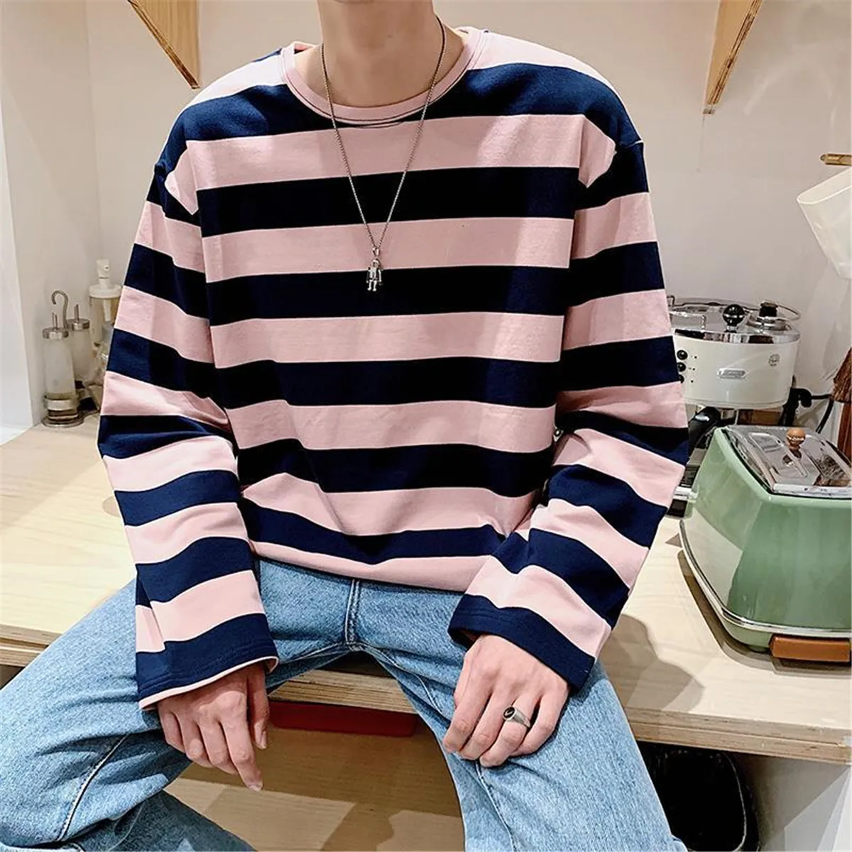 Fashion Punk Men Harajuku Black Red Striped Male Loose Oversized Long Sleeve Summer Boys Tees Retro T Shirt Punk Clothes Boys