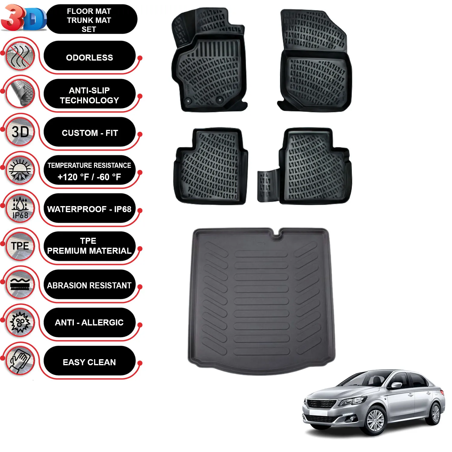 

Peugeot 301 - (2012-2023) - Floor Mats + Cargo Trunk Liner - SET - (Black)