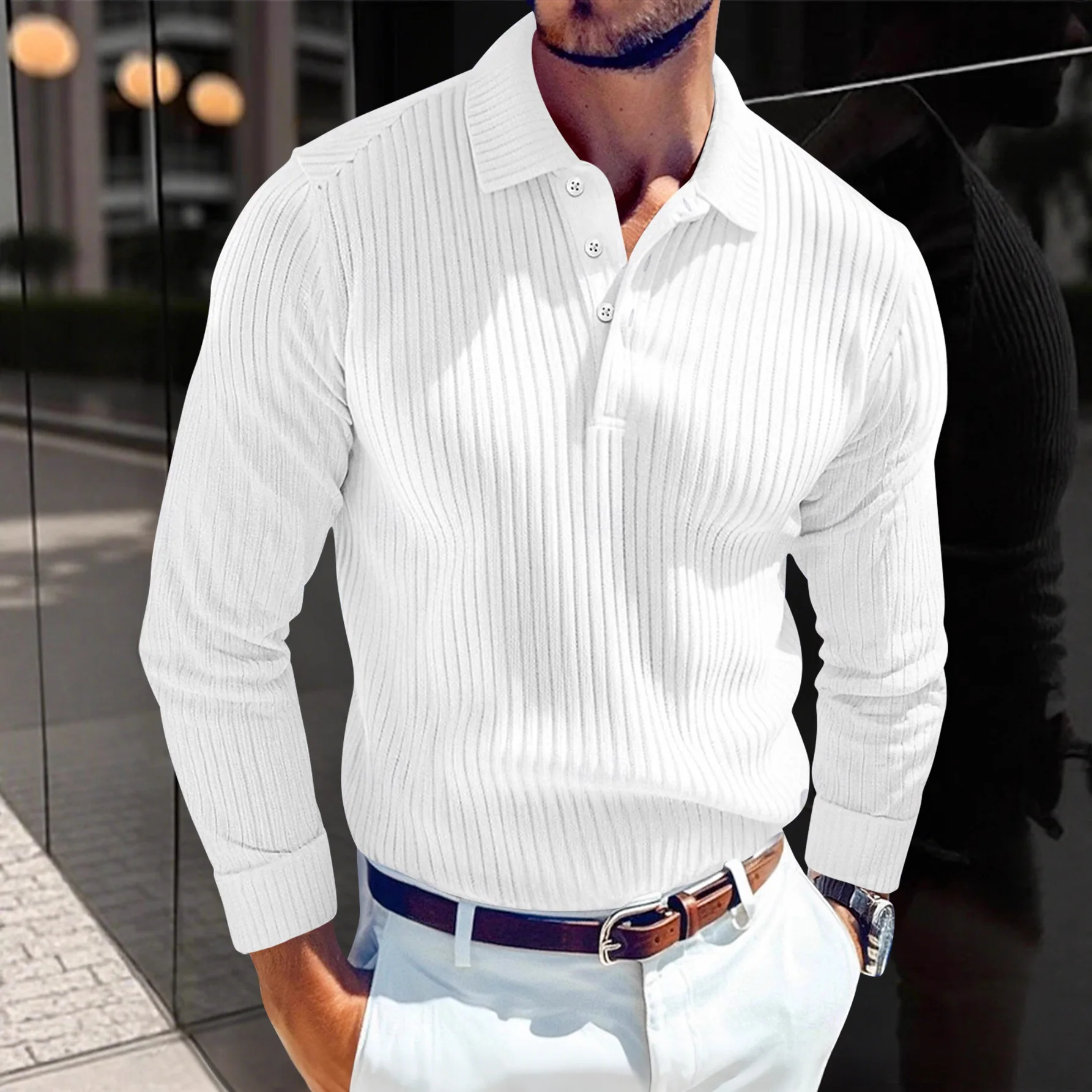 Men's Fashion Knitted Turn-Down Collar Business Button T-Shirt Casual Comfortable High Quality Slim Fit Long Sleeve Polo Shirt