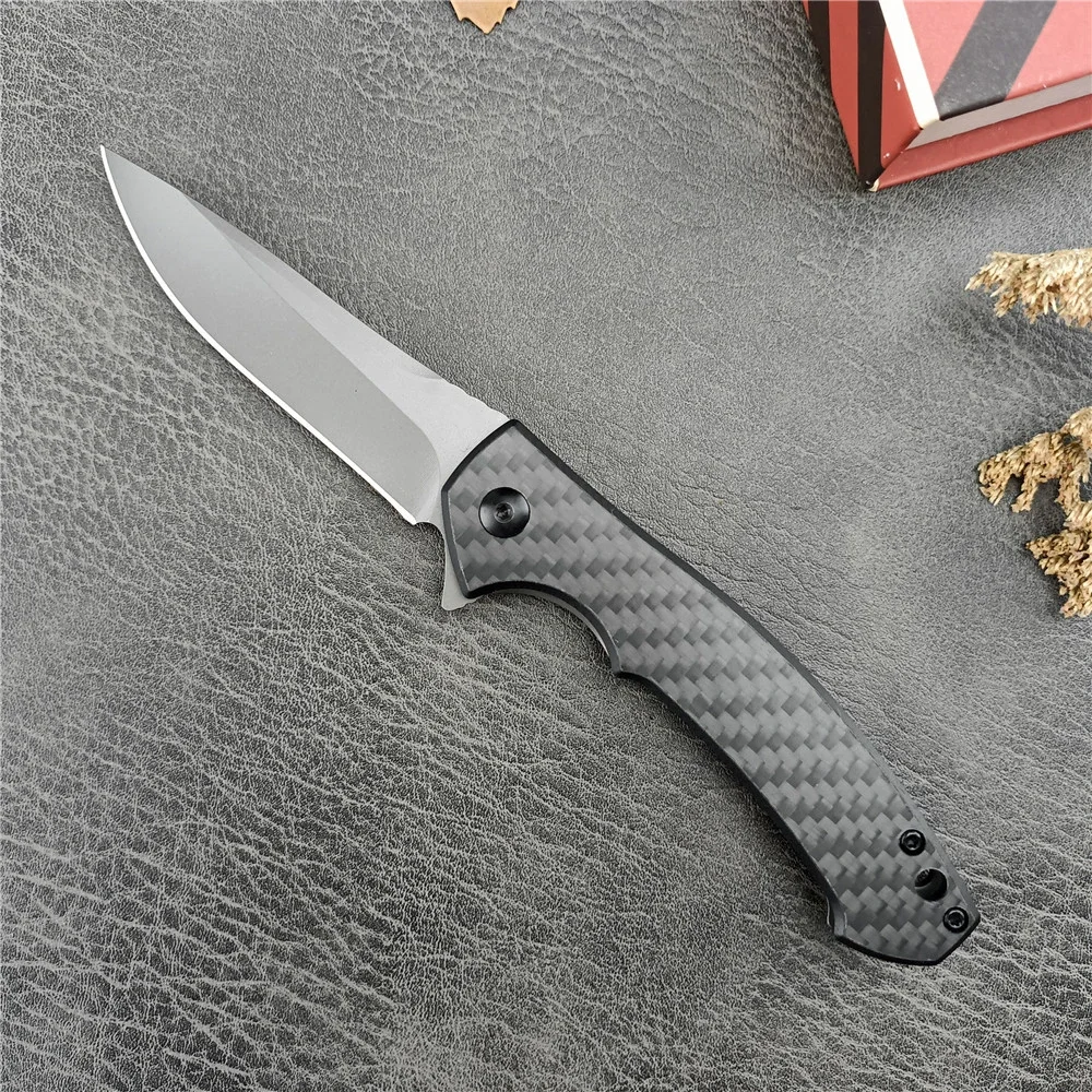 0450 CF Folding Knife 3.15” DLC-Coated 440C Blade Carbon Fiber Handle Scales KVT Ball Bearing Tactical Hunting EDC Tools