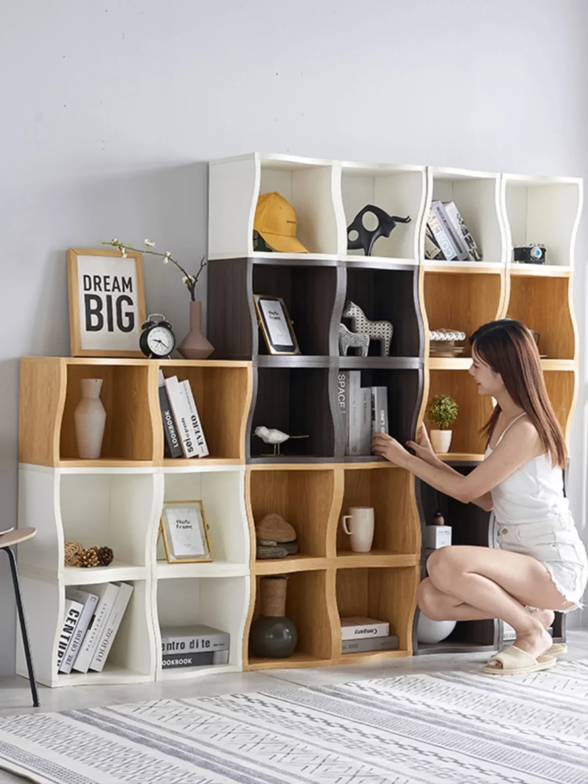 Nordic solid wood lattice cabinet, bookcase free combination, small cabinet storage, staircase bay window bookshelf