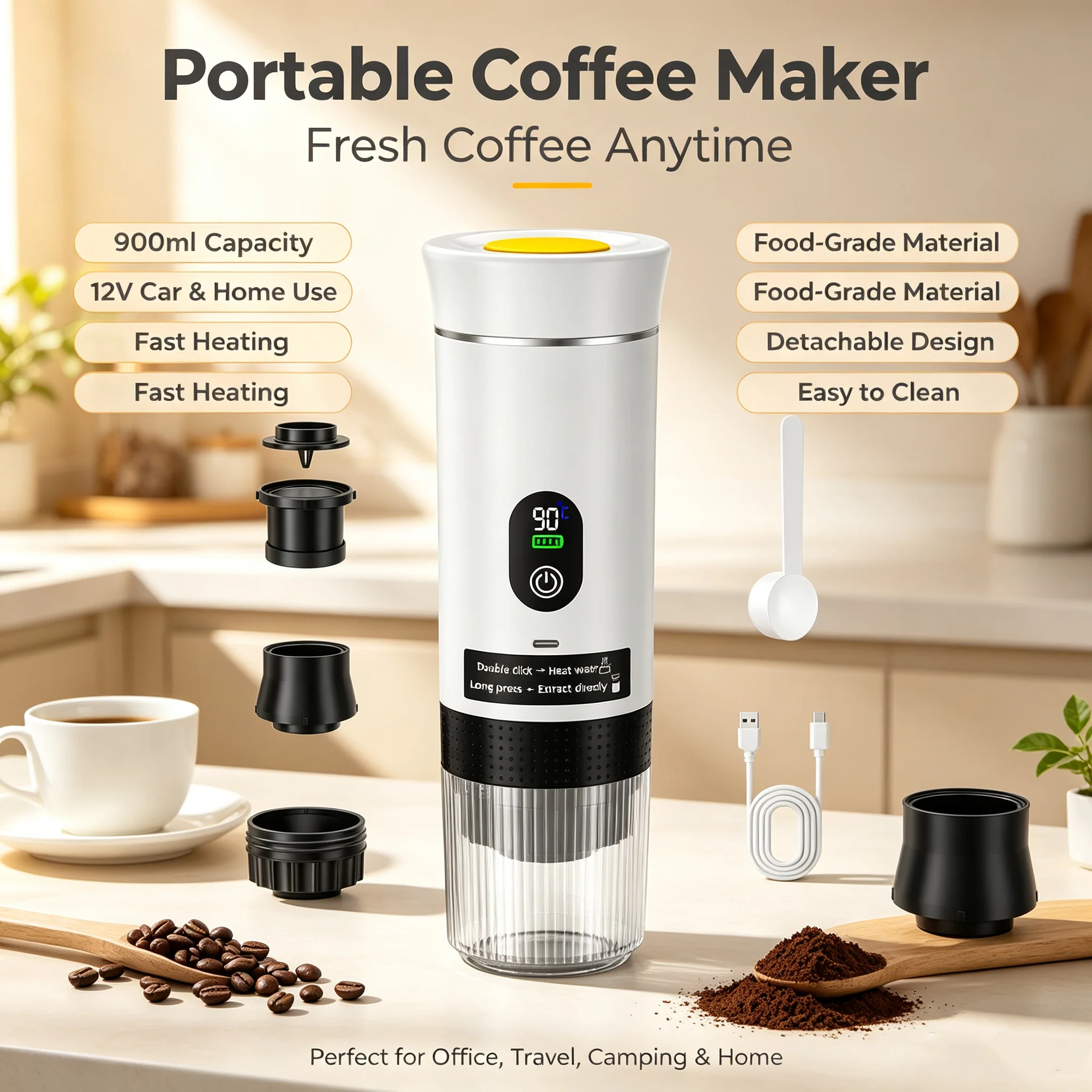 Cafetera espresso portátil inalámbrica con pantalla digital, control de temperatura, recargable, mini máquina de café de cápsulas, compatible con múltiples cápsulas, café en polvo, para viajes, camping.