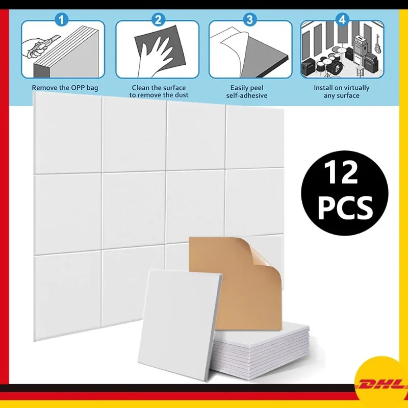 Weiße, quadratische, selbstklebende Schallabsorptionsplatten, 300 x 300 x 9 mm, 12 Stück, schalldichte Wandplatten zum Abziehen und Aufkleben, geräuschdämpfende Akustikfliesen für Aufnahmestudio,