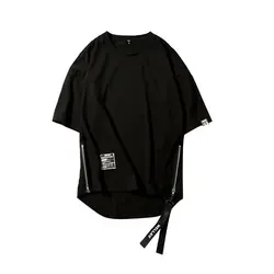 Erkekler Siyah Techwear % 100% Pamuk Zip Up Kısa Kollu Tişört Yaz Erkek Hip Hop Büyük Boy Tarzı Kargo T Gömlek Tees Camisetas Hombre