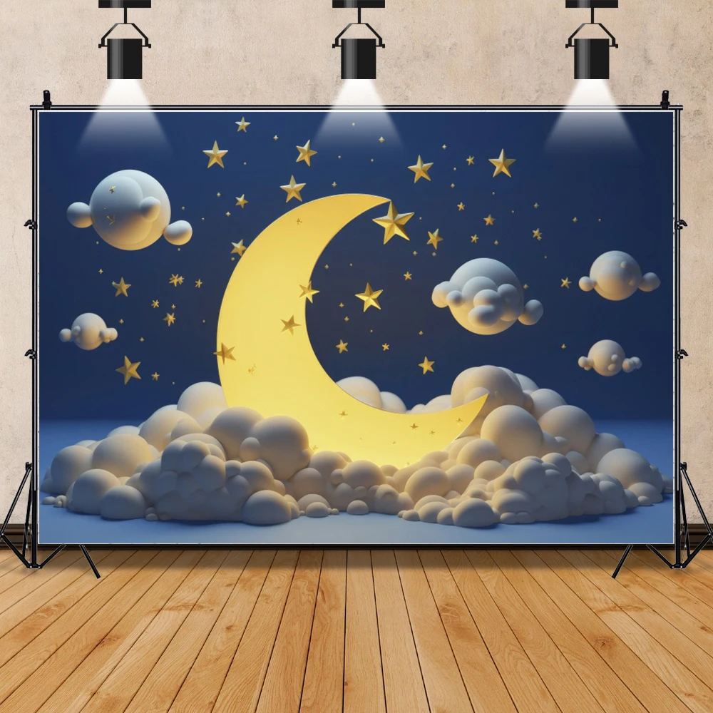 Laeacco Newborn Photography Background Birthday Poster Moon Stars Blue Clouds Baby Shower Cartoon Backgrounds Photocall Backdrop